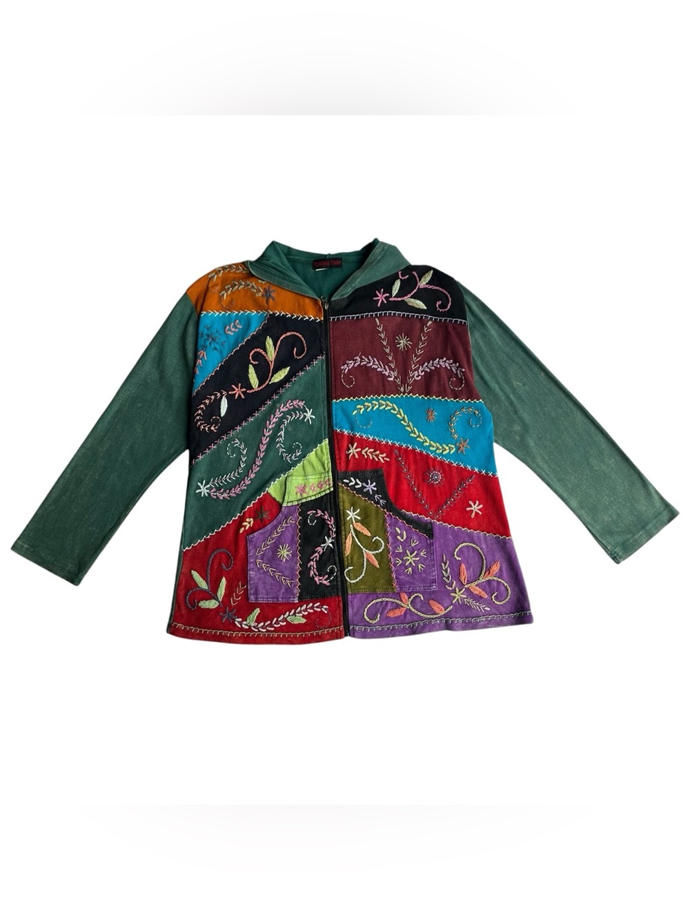 Rising Tide Colorful Patchwork Embroidered Zip Hoodie Boho Festival Artsy 2X 3X